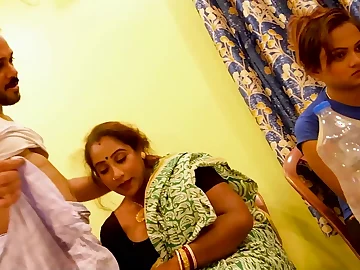 Desi Aunty gets her bent filled muff romped by a dangled boy while her daughter-in-law observes adjacent to appreciation